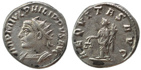 Philip I, 244-249. Antoninianus (silver, 3.77 g, 20 mm), Antioch. IMP M IVL PHILIPPVS AVG Radiate and cuirassed bust of Philip to left, with slight dr...