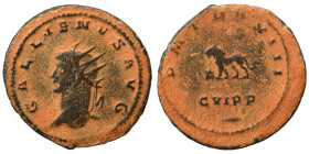 Gallienus, 253-268. Antoninianus (bronze, 3.03 g, 22 mm), Antioch. GALLIENVS AVG Radiate head of Gallienus to left. Rev. P M TR P XIII / CVIPP Lion wa...