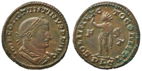 Constantine I, 307/310-337. Follis (bronze, 4.45 g, 22 mm), Lugdunum. Laureate, draped, and cuirassed bust right. Rev. Sol advancing left, extending a...