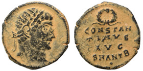 Constantine I, 307/310-337. Follis (bronze, 1.87 g, 18 mm), Antioch. Laureate head of Constantine I to right. Rev. CONSTAN/TINVS/ AVG/ SMANTB/• in fou...
