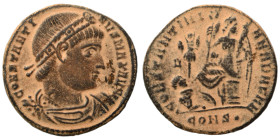 Constantine I, 307/310-337. Follis (bronze, 2.75 g, 19 mm), Constantinople. CONSTANTINVS MAX AVG Diademed head right, looking upwards. Rev. CONSTANTIN...