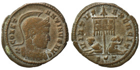 Constantine I, 307/310-337. Follis (bronze, 2.19 g, 19 mm), Ticinum. CONST-ANTINVS AVG Helmeted, and cuirassed bust right. Rev. VIRTVS EXERCIT Standar...