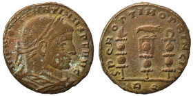 Constantine I, 307/310-337. Follis (bronze, 3.89 g, 21 mm), Rome. IMP CONSTANTINVS P F AVG Laureate and cuirassed bust of Constantine I to right. Rev....