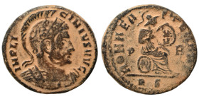 Licinius I, 308-324. Follis (bronze, 3.09 g, 19 mm), Rome. IMP LICINIVS AVG Helmeted and cuirassed bust right. Rev: ROMAE AETERNAE / P - R Roma seated...