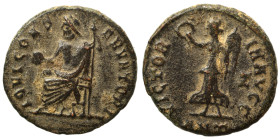 Time of Maximinus II, 310-313. Follis (bronze, 1.72 g, 15 mm), ‘Persecution’ issue, Antioch. IOVI CONSERVATORI Jupiter seated left, holding globe in h...