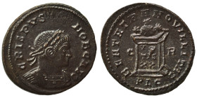 Crispus, as Caesar, 317-326. Ae (bronze, 3.21 g, 20 mm), Lugdunum. CRISPVS NOB CAES Laureate and cuirassed bust right. Rev. BEATA TRANQVILLITAS Globe ...