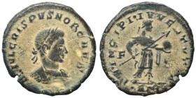 Crispus, as Caesar, 317-326. Ae (bronze, 2.26 g, 19 mm), Treveri. FL IVL CRISPVS NOB CAE Laureate, draped and cuirassed bust to right. Rev. PRINCIPI I...