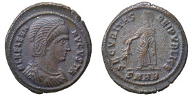 Helena, 324-328/30. Follis (bronze, 2.62 g, 20 mm), Heraclea. Diademed and mantled bust right, wearing necklace. Rev. Securitas standing left, lowerin...