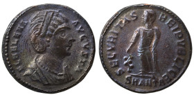Helena, 324-328/30. Follis (bronze, 2.88 g, 20 mm), Antioch. FL HELENA AVGVSTA Diademed and mantled bust right, wearing necklace. Rev. SECVRITAS REIPV...