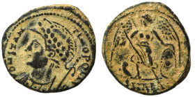 Commemorative Series, 330-354. Follis (bronze, 1.98 g, 16 mm), Antioch. CONSTAN-TINOPOLIS Helmeted and mantled bust of Constantinopolis to left, with ...