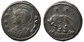 Commemorative Series, 330-354. Follis (bronze, 2.15 g, 19 mm), Constantinople. VRBS ROMA Helmeted and mantled bust of Roma to left. Rev. She-wolf stan...