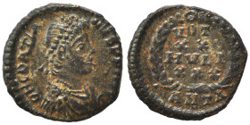 Constantius II, 337-361. Ae (bronze, 1.23 g, 13 mm). Antioch. Diademed head right. Rev. VOT XX MVLT XXX in wreath; ANTΔ in exergue. RIC 118. Very fine...