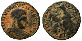 Julian II, as Caesar, 355-360. Reduced majorina (bronze, 1.14 g, 14 mm). Bare-headed, draped and cuirassed bust of Julian right. Rev. Soldier lunging ...