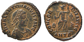 Valentinian II, 375-392. Centenionalis (bronze, 2.40 g, 18 mm), Antioch. D N VALENTINIANVS P F Avg Pearl-diademed, draped and cuirassed bust to right....