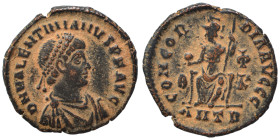 Valentinian II, 375-392. Centenionalis (bronze, 2.39 g, 18 mm), Antioch. D N VALENTINIANVS P F Avg Pearl-diademed, draped and cuirassed bust to right....