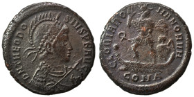 Theodosius I, 379-395. Centenionalis (bronze, 4.40 g, 22 mm), Constantinople. D N THEODOSIUVS P F AVG Pearl-diademed, helmeted, draped, and cuirassed ...