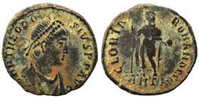 Theodosius I, 379-395. Follis (bronze, 5.92 g, 21 mm), Antioch. D N THEODOSIVS P F AVG Pearl-diademed, draped and cuirassed bust right. Rev. GLORIA RO...