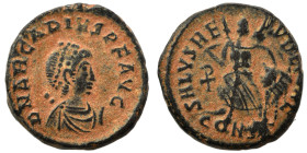Arcadius, 383-408. Ae (bronze, 1.52 g, 13 mm), Constantinople. DN ARCADIVS P F AVG Diademed and draped bust right. Rev. SALVS REI PVBLICAE / CONS [..]...