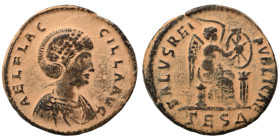 Aelia Flacilla, 383-386 Follis (bronze, 3.64 g, 22 mm), Thessaloniki. AEL FLAC-CILLA AVG Diademed and draped bust right. Rev. SALVS REI PVBLICAE Victo...