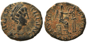 Aelia Flacilla, 383-386 Follis (bronze, 1.23 g, 12 mm), Antioch. AEL FLAC-CILLA AVG Diademed and draped bust right. Rev. SALVS REI PVBLICAE Victory se...