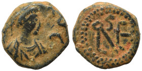Leo I, 457-474. Nummus (bronze, 1.00 g, 10 mm). Bust of Leo I, pearl-diademed, draped, cuirassed, right. Monogram of Leo within wreath. RIC 681-693. N...
