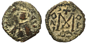 Arab-Byzantine. Umayyad Caliphate. Fals (bronze, 2.94 g, 20 mm), Tartus (Antarados), circa 660-680. Crowned Imperial bust facing; KAΛѠN downwards to r...