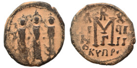 Arab-Byzantine. Circa 640-650. Imitating 'Cyprus follis of Heraclius", 610-641. Follis (bronze, 5.56 g, 21 mm), Uncertain mint in Syria. Three standin...