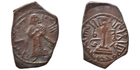 Arab Byzantine. Umayyad Caliphate. al-Malik ibn Marwan, AH 65-86 / 685-705 AD. Fals (bronze, 2.98 g, 23 mm), 'Standing Caliph' type. Caliph standing f...