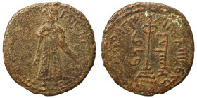 Arab Byzantine. Umayyad Caliphate. al-Malik ibn Marwan, AH 65-86 / 685-705 AD. Fals (bronze, 3.44 g, 20 mm), 'Standing Caliph' type. Caliph standing f...