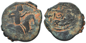 Rum (Anatolia). Seljuq of Rum (?), Fals (bronze, 3.41 g, 20 mm). Horseman right, holding spear. Rev. Arabic legend. Nearly very fine