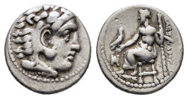 KINGS of MACEDON. Alexander III The Great.(336-323 BC). Drachm. Miletos.

Obv : Head of Herakles right, wearing lion skin.

Rev : AΛEΞANΔPOY.
Zeus sea...