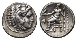 KINGS of MACEDON. Alexander III The Great.(336-323 BC). Drachm. Miletos.

Obv : Head of Herakles right, wearing lion skin.

Rev : AΛEΞANΔPOY.
Zeus sea...