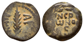 JUDAEA. Procurators. Porcius Festus.(59-62).Jerusalem.Ae.

Obv : NЄP ωNO C.
Legend in three lines within wreath.

Rev : CΛKI ΛO.
Palm frond.
RPC I onl...