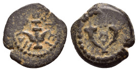 JUDAEA. Herodians. Herod I The Great.(40-4 BC). Ae.

Obv : Double cornucopia adorned with ribbons, caduceus between horns.

Rev : BACI HPωΔ.
Anchor.
H...