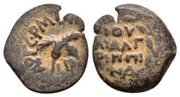JUDAEA. Procurators. Antonius Felix.(52-59 CE).Jerusalem.Ae

Obv : ΤΙ ΚΛΑΥΔΙΟϹ ΚΑΙϹΑΡ ΓƐΡΜ, L ΙΔ.
Crossed palm branches.

Rev : ΙΟΥΛΙΑ ΑΓΡΙΠΠΙΝΑ.
In w...