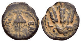 JUDAEA. Agrippa I.(52-59).Jerusalem.Ae.

Obv : BACIΛEWC AΓPIΠA .
Umbrella-like canopy with fringes.

Rev : Three ears of barley growing between two le...