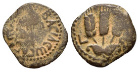 JUDAEA. Agrippa I.(52-59).Jerusalem.Ae.

Obv : BACIΛEWC AΓPIΠA .
Umbrella-like canopy with fringes.

Rev : Three ears of barley growing between two le...