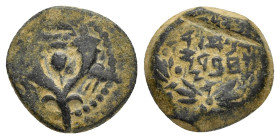 JUDAEA. Hasmoneans. John Hyrkanos II.(67/3-40 BC).Jerusalem.Ae.

Obv : Splayed double cornucopia with pomegranate between the horns.

Rev : Legend in ...