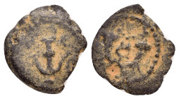 JUDAEA. Herodians. Herod I The Great.(40-4 BC). Ae.

Obv : Double cornucopia adorned with ribbons, caduceus between horns.

Rev : BACI HPωΔ.
Anchor.
H...