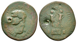 MACEDON. Philippi. Domitian (81-96). Ae.

Obv : IMP CAES DOM(I) AVG GERM COS XIII.
Laureate head left.

Rev : COL AVG IVL PHILIPP.
Three bases; on mid...