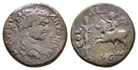 TROAS. Alexandria. Caracalla (198-217). Ae.

Obv : M AVREL ANTONIN.
Laureate head right.

Rev : COL ALEXAN / D AVG.
Caracalla on horse rearing left, r...