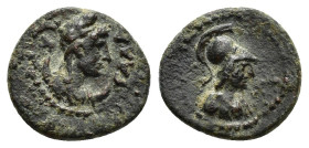 PISIDIA. Sagalassos. Pseudo-autonomous issue.(80-100).Ae.

Obv : Draped bust of Athena right.

Rev : CAΓAΛA, head of Men right on crescent, wearing ph...