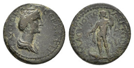 CILICIA. Flaviopolis. Diva Faustina I (Died 140/1). Ae.

Obv : ΦΑΥСΤЄΙΝΑ CЄBACTH.
Draped bust right.

Rev : ΦΛΑOΥΙΟΠOΛЄΙΤΩΝ ЄΤOVC ЧΔ.
Dionysos standin...