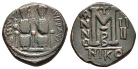 JUSTIN II and SOPHIA.(565-578).Nicomedia.Follis.

Obv : D N IVSTINVS P P AVG.
Justin II on left, Sophia on right, seated facing on double-throne, both...