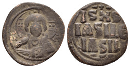 ANONYMOUS FOLLES.Class A3.Attributed to Basil II & Constantine VIII.(976-1025).Constantinople.Ae.

Obv : + ЄMMANOVHΛ / IC - XC.
Facing bust of Christ ...