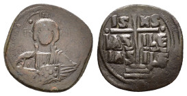 ANONYMOUS FOLLIS.Romanus III.(1028-1034).Constantinople.Follis.

Obv : + ЄMMANOVH IC - XC.
Facing bust of Christ Pantokrator.

Rev : + IS XS ЬASILЄ ЬA...