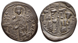 CONSTANTINE X DUCAS.(1059-1067).Constantinople.Follis.

Obv : +EMMA NOVHA.
Christ standing facing on footstool, wearing nimbus and holding Gospels, IC...