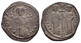 CONSTANTINE X DUCAS.(1059-1067).Constantinople.Follis.

Obv : +EMMA NOVHA.
Christ standing facing on footstool, wearing nimbus and holding Gospels, IC...