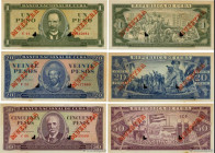 Country : CUBA 
Face Value : 1, 20 et 50 Pesos Spécimen 
Date : 1961 
Period/Province/Bank : Banco Nacional de Cuba 
Catalogue reference : P.CS01- 
Al...