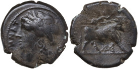 Greek Italy. Samnium, Southern Latium and Northern Campania, Teanum Sidicinum. AE 20 mm, 265-240 BC. Obv. Laureate head of Apollo left. Rev. Man-heade...